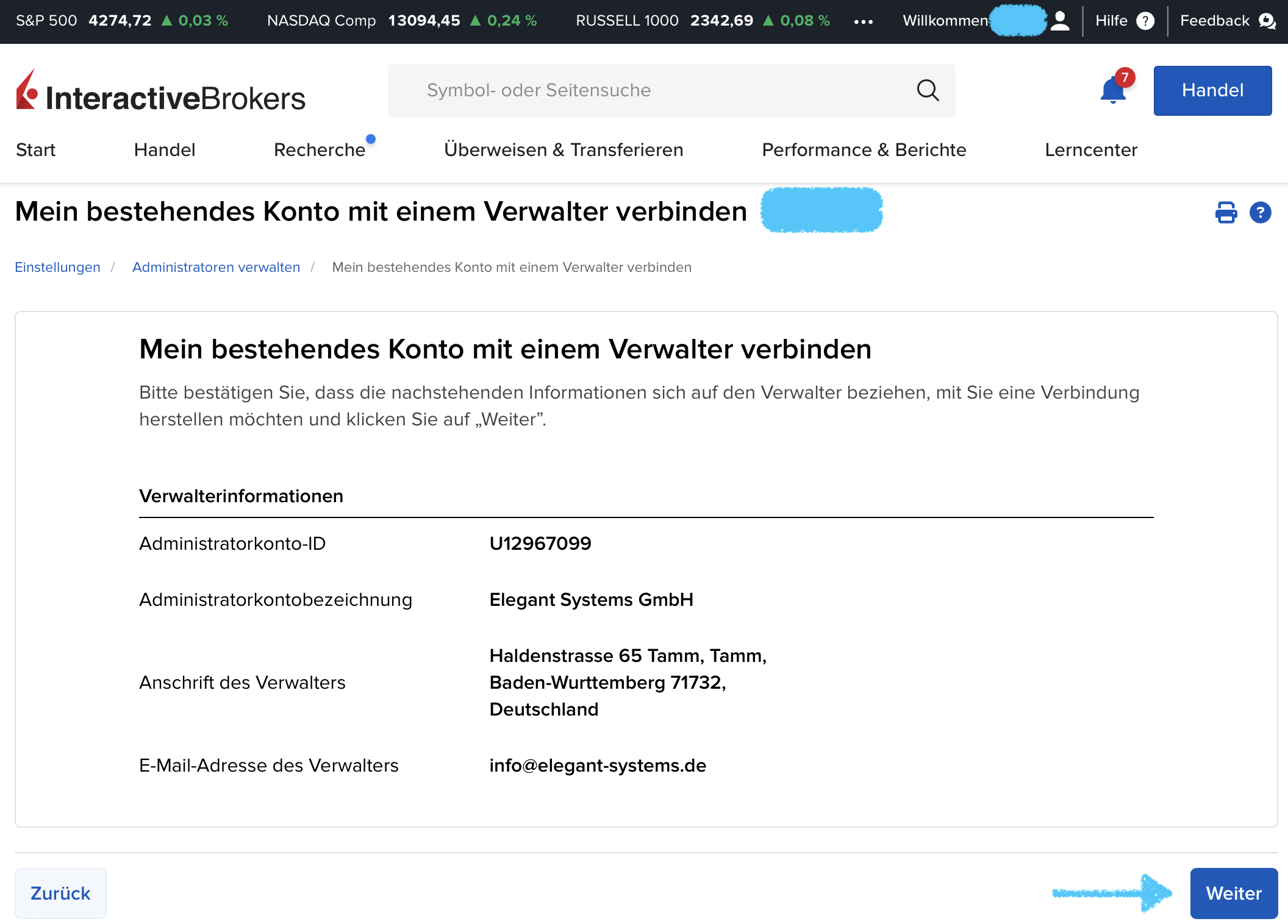 Premium Service einrichten 6 IB Administrator Administrator Konto ID verbinden
